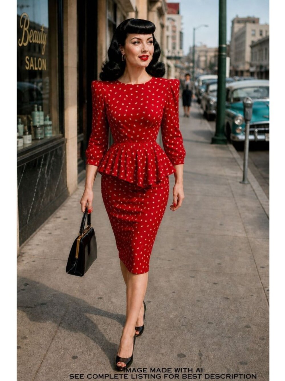 VTG Rockabilly Peplum Red Dress 8 Gingko Polka Dots 80s Does 40s Pin Up Vamp